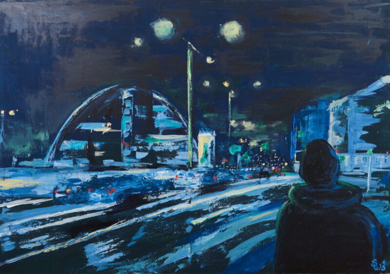 Berliner Bogen 70x100 2015 Acryl Leinwand Blau Hamburg Black Light Original Art Sonja Wythe