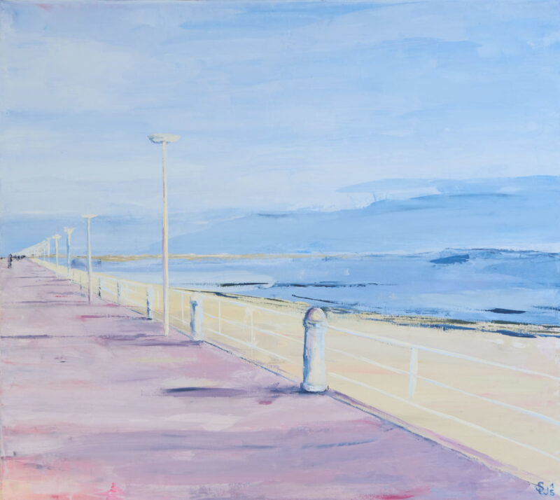Promenade Travemünde 100x90 cm 2015 Acryl Leinwand Ostsee Strand abstrakt Original Art Sonja Wythe