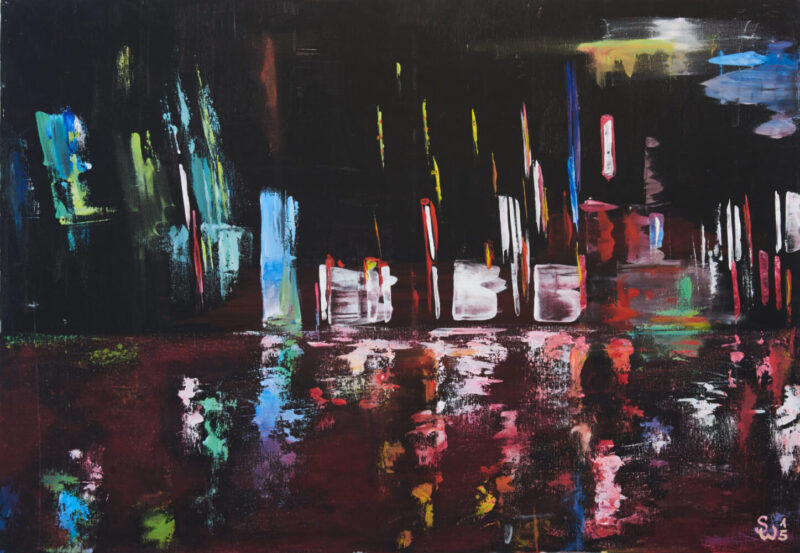 Stadtlichter 100x70cm 2015 Acryl Leinwand Spiegelung Black Light abstrakt Hamburg Autos Original Art Sonja Wythe