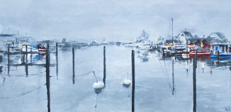 Niendorfer Hafen 140 x 70 cm 2021 Winter Grau Acryl Leinwand Ostsee Original Art Sonja Wythe