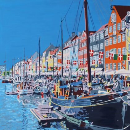 Danmark Nyhavn 100x100 2022 Acryl Leinwand Hafen Boote Grafik Original Art Sonja Wythe