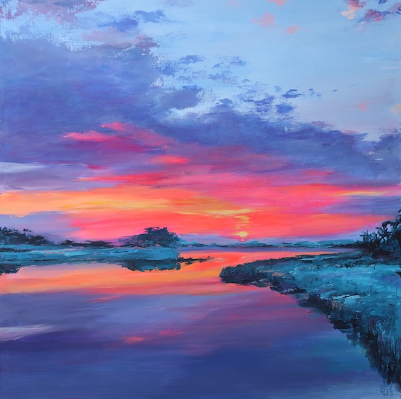 Sonnenuntergang 80x80 2023 Acryl Leinwand Malerei Wasser Original Art Sonja Wythe