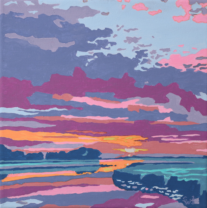 Sonnenuntergang 20x20 2023 Acryl Leinwand Grafik Malerei Wasser Original Art Sonja Wythe